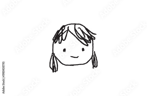Cute hand-drawn girl face illustration, black outline crayon style