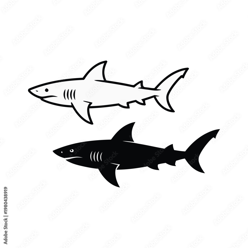 Fototapeta premium Shark outline and silhouette, black and white pair, ocean science classroom chart, marine education session, conservation awareness poster, vector design