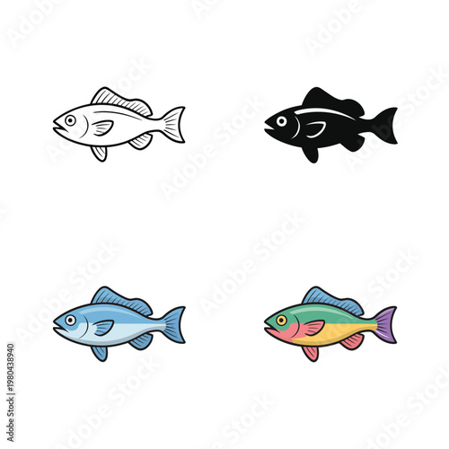 Fish icons collection, outline and silhouette with color, freshwater and marine species, aquarium guide chart, kids learning worksheet, vector design