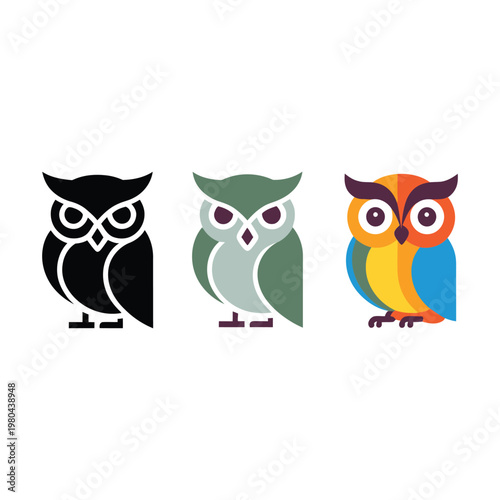 Owl icons set, cute nocturnal bird collection, autumn forest festival banner, wildlife education workshop, kids craft session, vector illustration elements