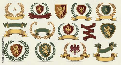 Collection of Heraldic Crests Shields and Laurel Wreaths.