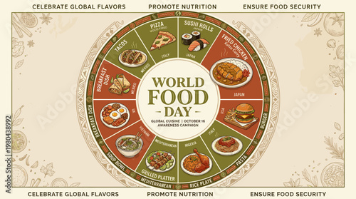 World Food Day poster with circular layout of international dishes, colorful cuisine vector design for global nutrition, food security and culinary celebration themes