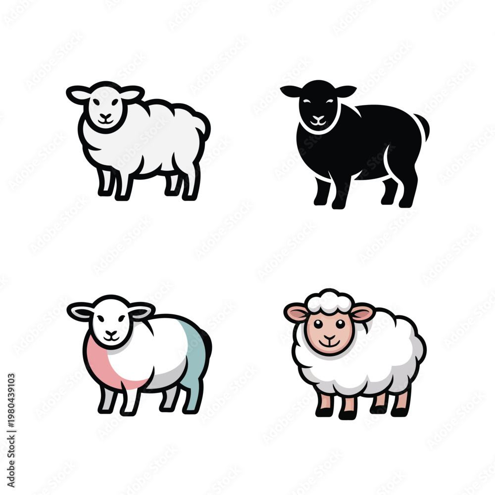 Fototapeta premium Sheep silhouette and outline icon set, farm animal clipart for agriculture branding, petting zoo signs, kids education, craft designs