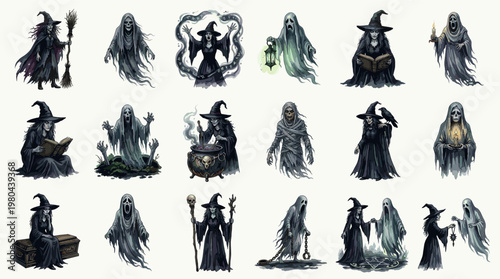 Vintage spooky ghost collection with grim reaper, haunted spirits and dark Halloween figures, hand drawn vector set for horror, gothic and occult themed designs