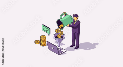 Online Revenue Concept with Businessman Pouring Coins into Laptop