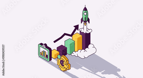 Startup Scaling Growth Concept with Rocket and Bar Chart