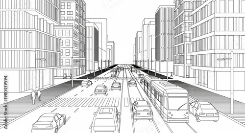 Sketch of a busy city street with cars and buildings.