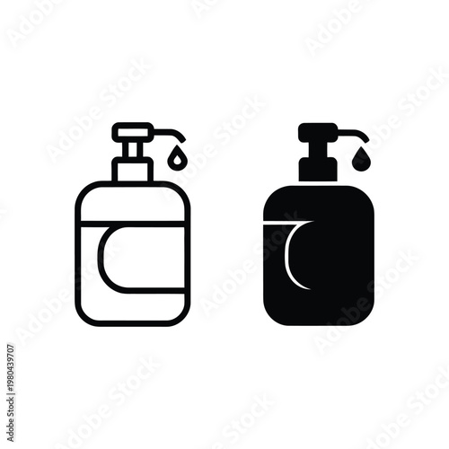 Hand sanitizer pump bottle icons, soap dispenser containers for hygiene station, hospital reception, clinic restroom, infection prevention, health safety vector