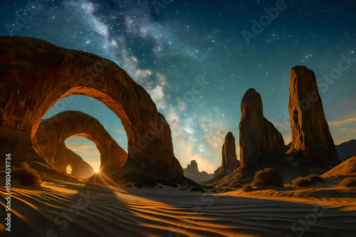 Desert arches under night sky with rising sun