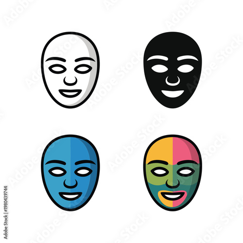 Facial mask icons set with white sheet, black charcoal treatments, spa skincare routine graphics for wellness studio, salon marketing design