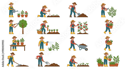 Gardening activity set with people planting watering pruning and carrying plants, colorful flat vector collection for home garden care and outdoor work concepts