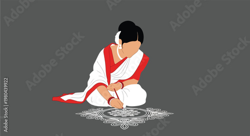 An illustration of a woman in a white and red saree drawing a traditional rangoli design on the floor.