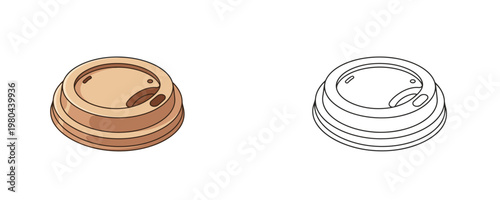 Disposable coffee cup lid colored illustration and black line art objects represent plastic or paper cover for takeaway drinks on a white background without any texture