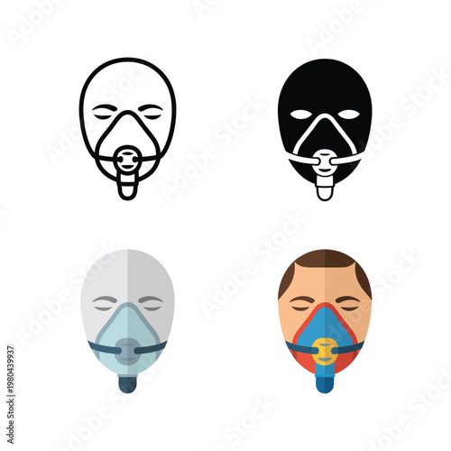 Oxygen mask icons, respiratory care equipment, emergency response training graphic, pulmonary rehabilitation session, hospital safety poster, medical device vector illustration
