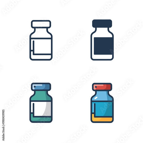 Medicine vial collection, vaccination drive elements, public health event branding, hospital pharmacy poster, injection dose symbols, clean vector illustration