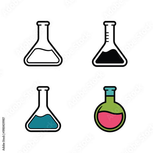 Laboratory glassware collection, beaker and flask icons, chemistry class poster, university research event, safety training session, science vector illustration