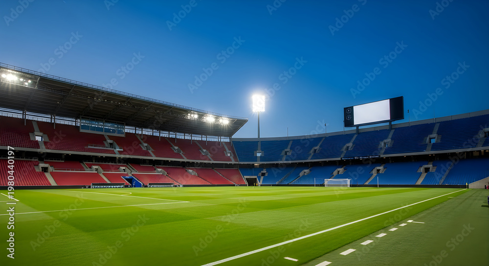 Fototapeta premium Modern soccer stadium with red and blue seating under a clear blue sky at dusk