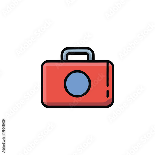 Compact camera icon with lens circle and strap slot, photography logo element for travel blog, event coverage, media branding