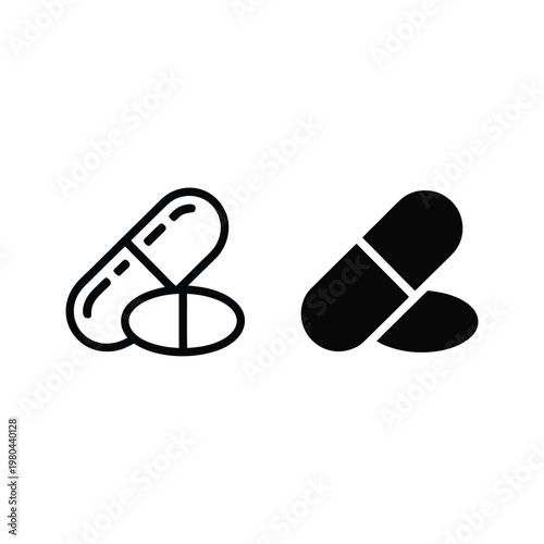 Medicine capsule and tablet icons set in outline and solid styles, pharmacy label graphics for prescription, dosage guide, healthcare education