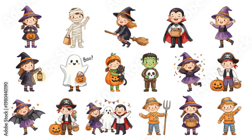 Cute Halloween character set with witches mummy ghost vampire and pumpkin costumes, colorful cartoon vector collection for kids parties, stickers and holiday decor