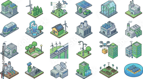 Sustainable infrastructure and eco friendly technology icons for green energy and environmental conservation
