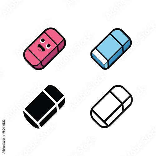 Eraser icons set, school supply graphic, back to school poster, art class tools, stationery vector collection, correction symbol for design