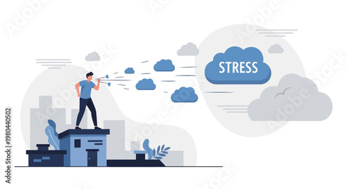 Man on rooftop blowing horn, sending stress clouds away from city