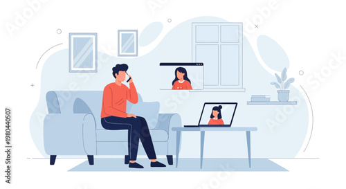 Man on Sofa Talking on Phone During Video Call with Colleagues Working Remotely