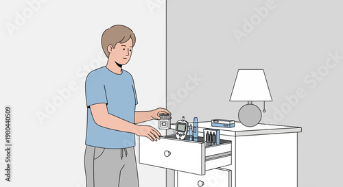 Man organizing diabetes medical supplies in a drawer
