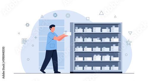 Man organizing boxes on a shelf in a warehouse or storage room