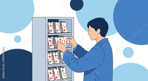 Man organizing medical samples in a laboratory cabinet, scientific research concept