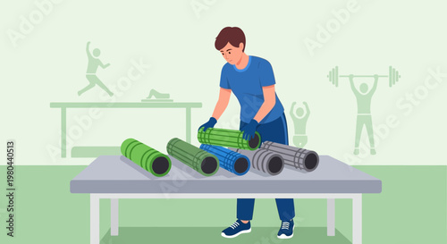 Man organizing foam rollers on a table, fitness equipment, gym accessories