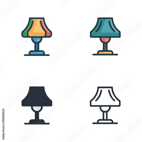 Table lamp icons, bedside lighting fixtures, interior styling, bedroom makeover, home decor expo, hotel room amenities, product catalog, vector illustration