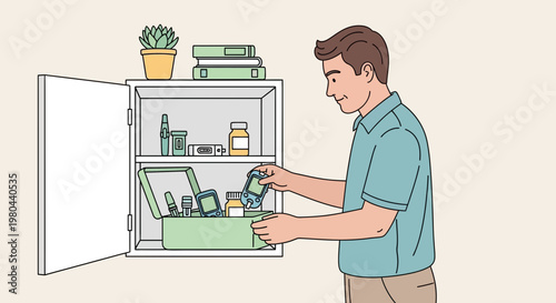Man organizing medicine cabinet, first aid kit, health and home care concept