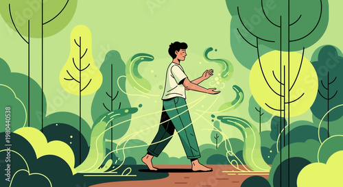 Man practicing tai chi in a lush green forest, surrounded by swirling green energy