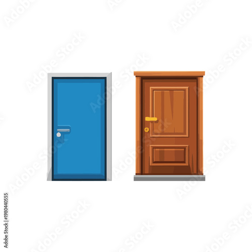 Door pair icons, modern entry doors, home renovation, property open house event, real estate listing, apartment rental, security access, vector