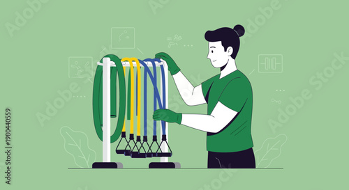 Man organizing resistance bands on a rack, fitness equipment, workout preparation, gym accessory storage