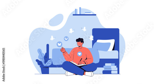 Man reading book in bedroom, surrounded by flying butterflies and birds, symbolizing imagination