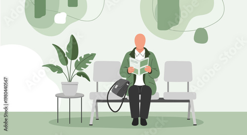 Man reading book in waiting room, calm atmosphere, green tones, indoor plant