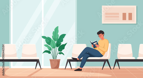 Man reading book in waiting room, calm atmosphere, modern interior design
