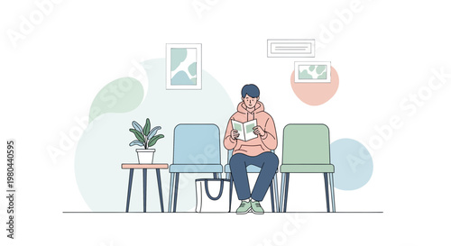 Man reading book in waiting room, calm atmosphere, modern interior design