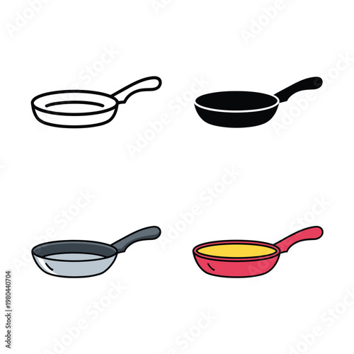 Saute pan icons collection, nonstick skillet vector, cooking workshop, dinner recipe class, restaurant promotion poster, kitchen tools set, culinary illustration