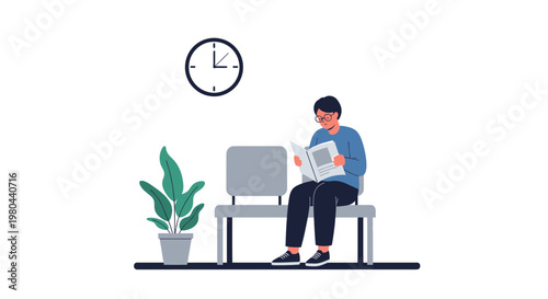 Man reading magazine in waiting room with clock and plant