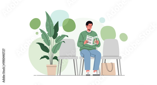 Man reading magazine in waiting room with plant and light green circles