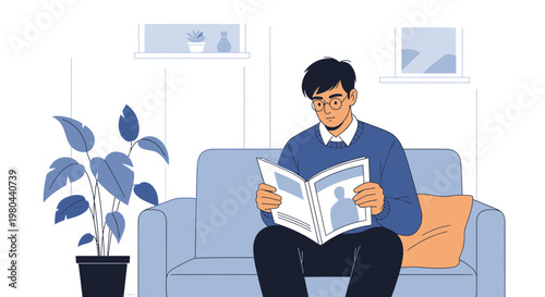 Man Reading Magazine on Sofa at Home