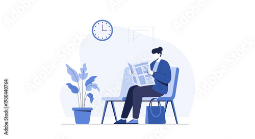 Man reading newspaper in waiting room with clock and plant