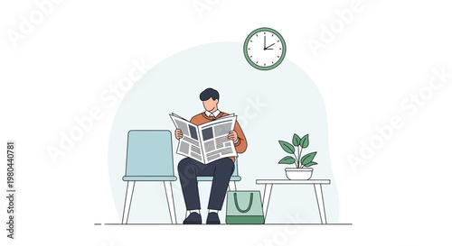 Man reading newspaper in waiting room, clock on wall, plant on table
