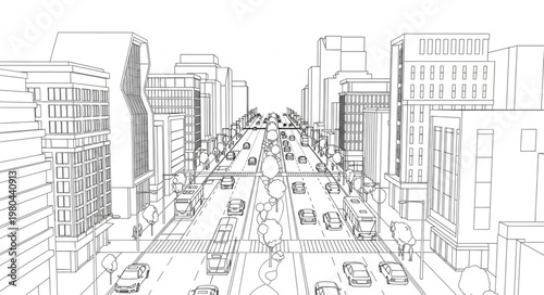 Busy city street with traffic and buildings sketch.