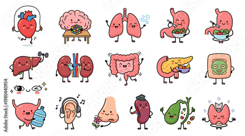 Cute human organ characters set with funny expressions and healthy lifestyle actions, colorful cartoon medical vector collection for anatomy education and healthcare