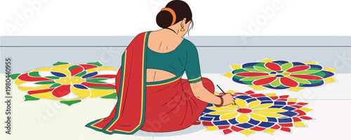 A woman in a traditional saree meticulously creates a vibrant Rangoli pattern on the floor, surrounded by other colorful completed designs.